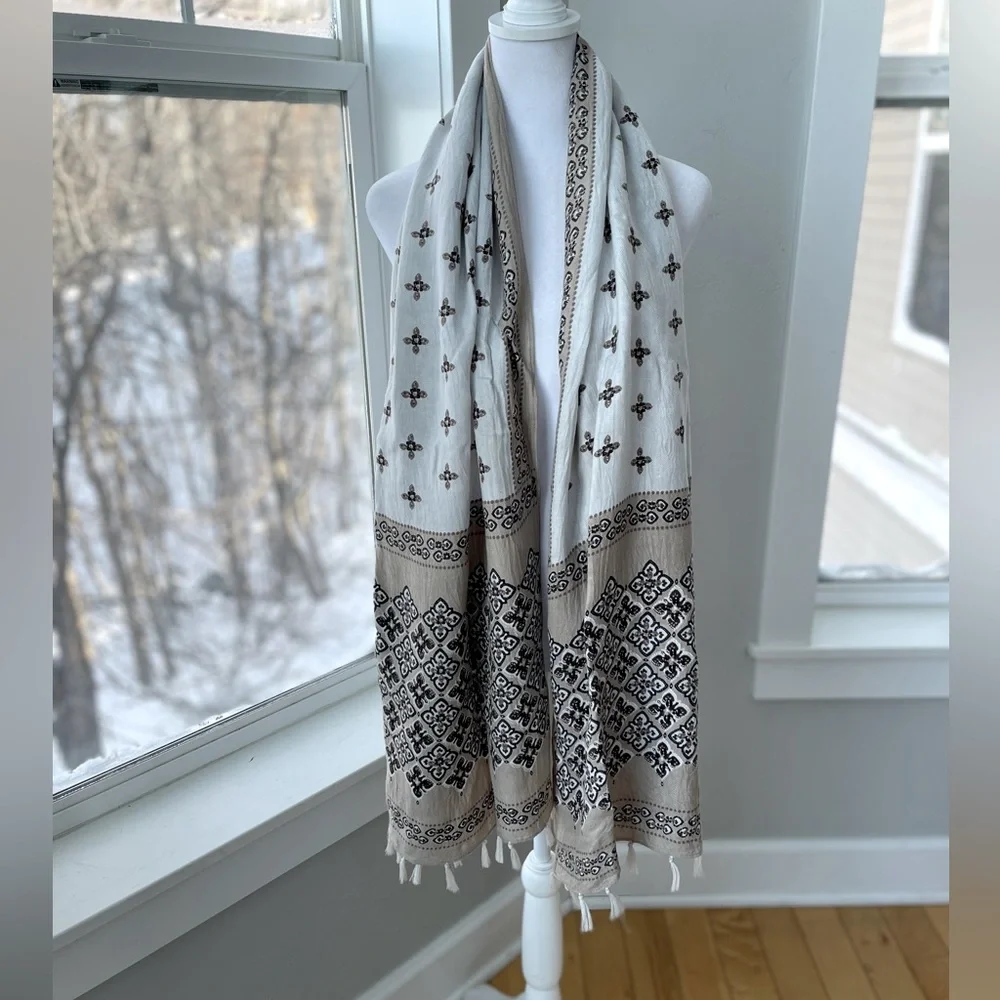 Vintage Tan White Brown Block Print Scarf with Fringe